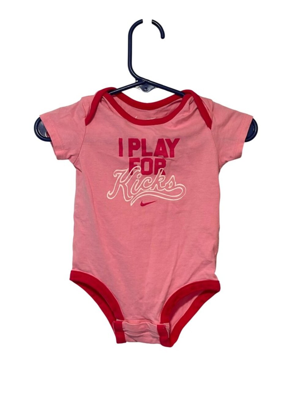 Nike Girls Infant Baby Size 0 3 months Pink White I play for kicks Logo 1 piece